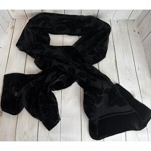 Basha Black Burnout Velvet Floral Rose Scarf Sheer Rectangle Wrap Evening 2193